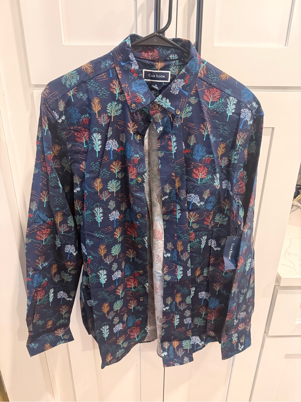 Club Room Navy Long-Sleeve Button-Down with Multicolor Tree Print